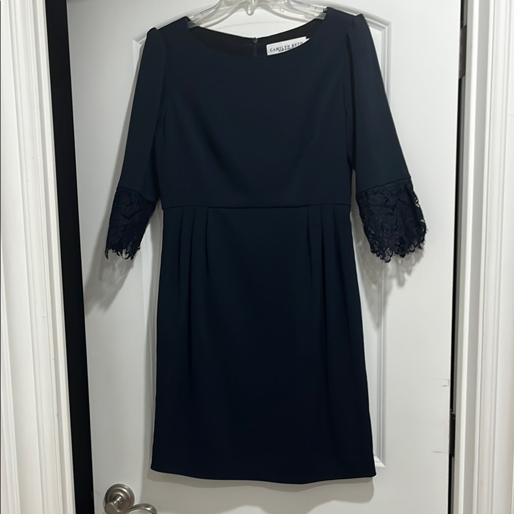 Navy Blue Dress with Eyelash Lace Bell Sleeves and Bateau Neckline
